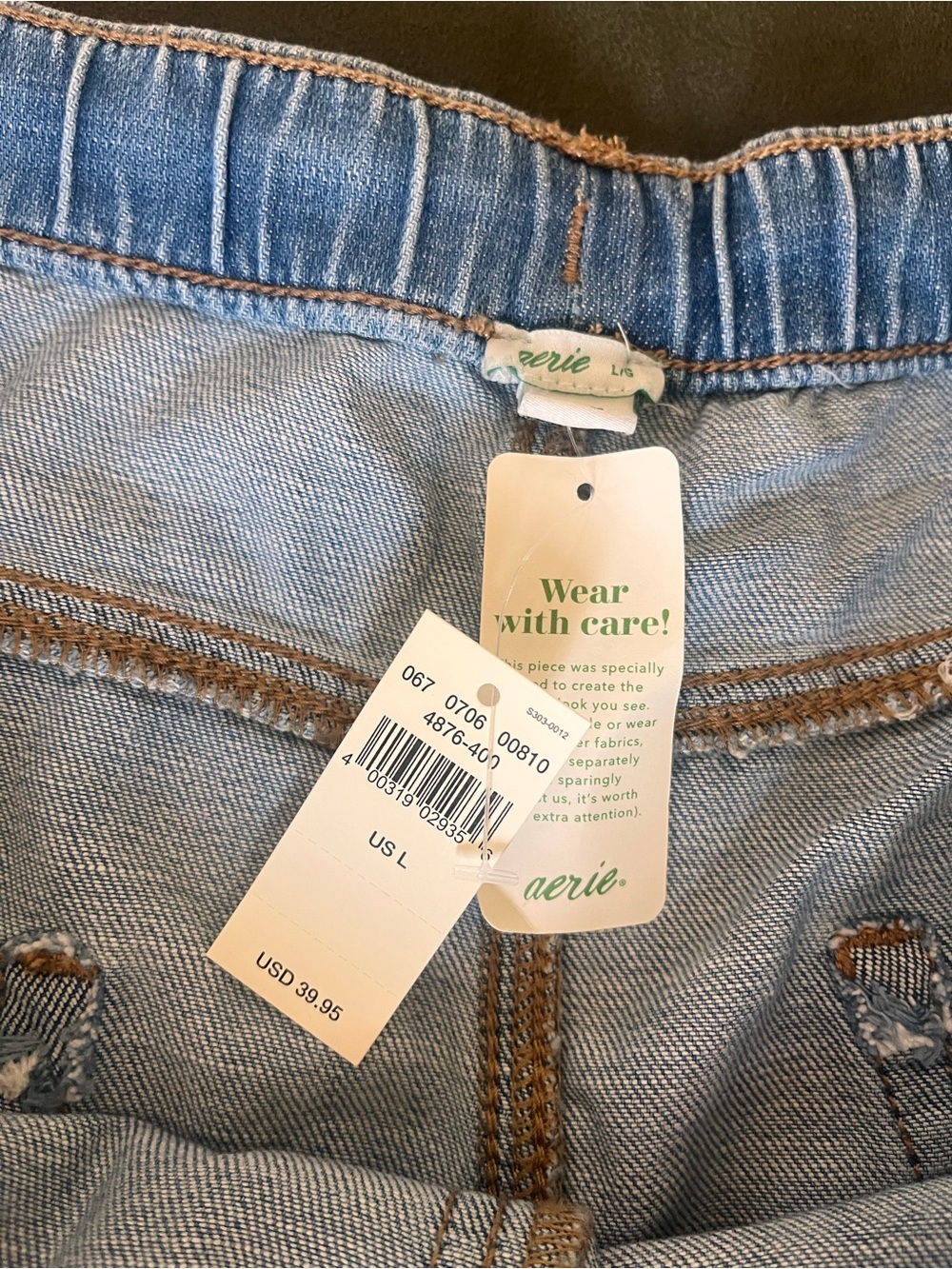 aerie Light Blue Drawstring Denim-Style Frayed Hem Shorts - Picture 2 of 3